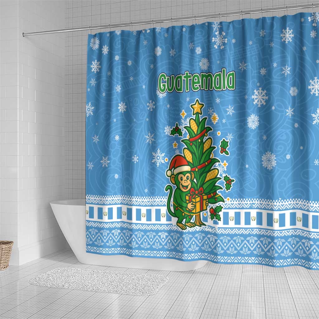 Guatemala Christmas Shower Curtain with Blue Christmas Monkey Tree Snowman and Snowflake - Wonder Print Shop