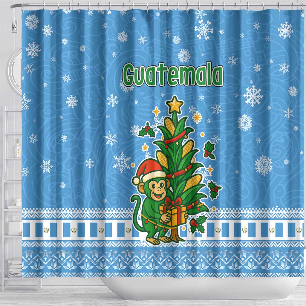 Guatemala Christmas Shower Curtain with Blue Christmas Monkey Tree Snowman and Snowflake - Wonder Print Shop