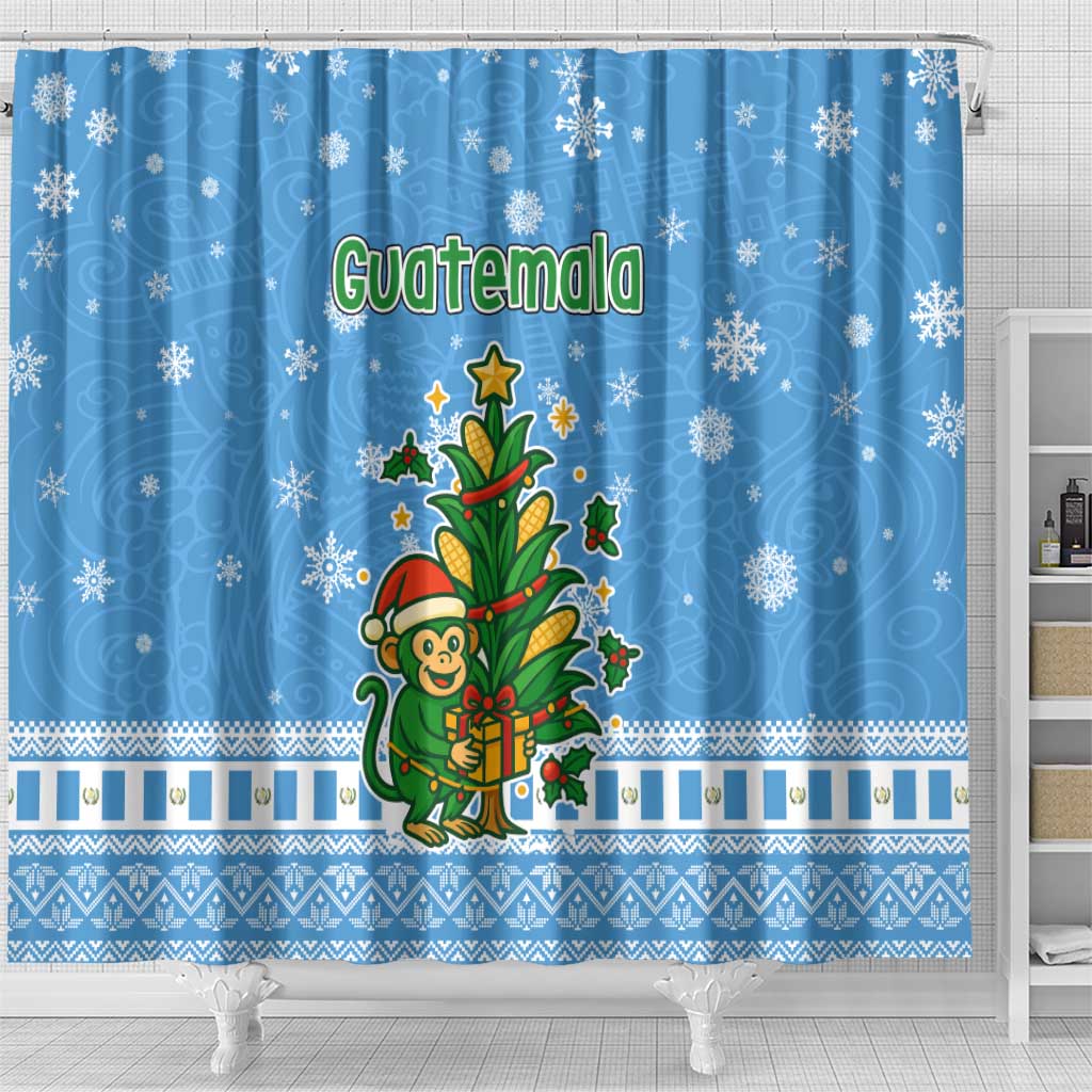 Guatemala Christmas Shower Curtain with Blue Christmas Monkey Tree Snowman and Snowflake - Wonder Print Shop