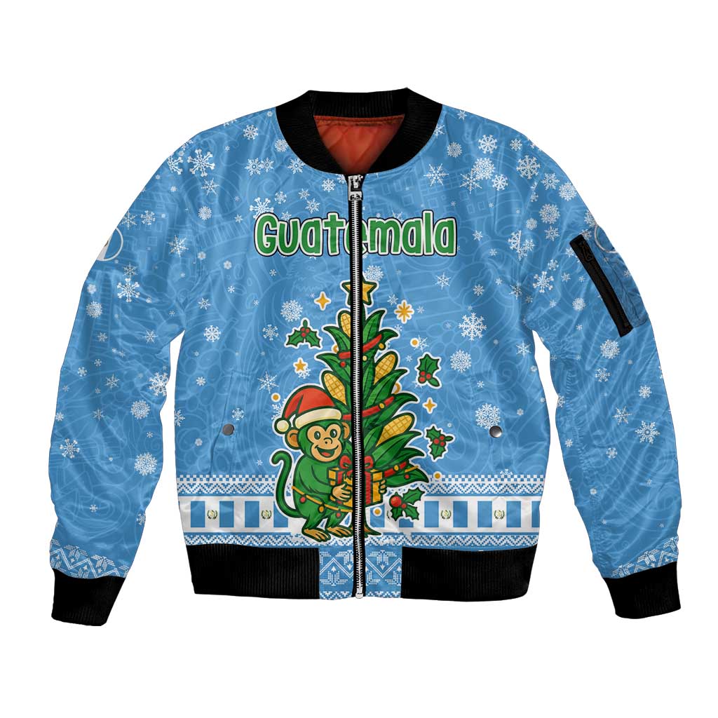 Guatemala Christmas Sleeve Zip Bomber Jacket with Blue Christmas Monkey Tree Snowman and Snowflake - Wonder Print Shop