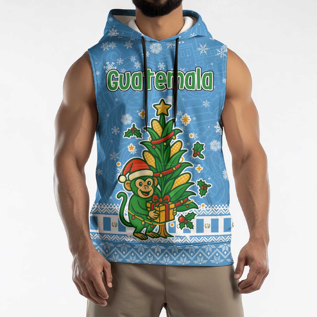Guatemala Christmas Sleeveless Hoodie with Blue Christmas Monkey Tree Snowman and Snowflake - Wonder Print Shop