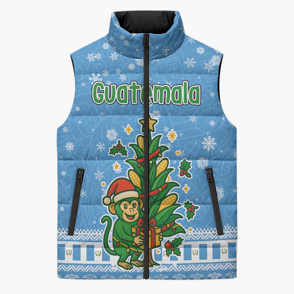 Guatemala Christmas Sleeveless Puffer Jacket with Blue Christmas Monkey Tree Snowman and Snowflake - Wonder Print Shop