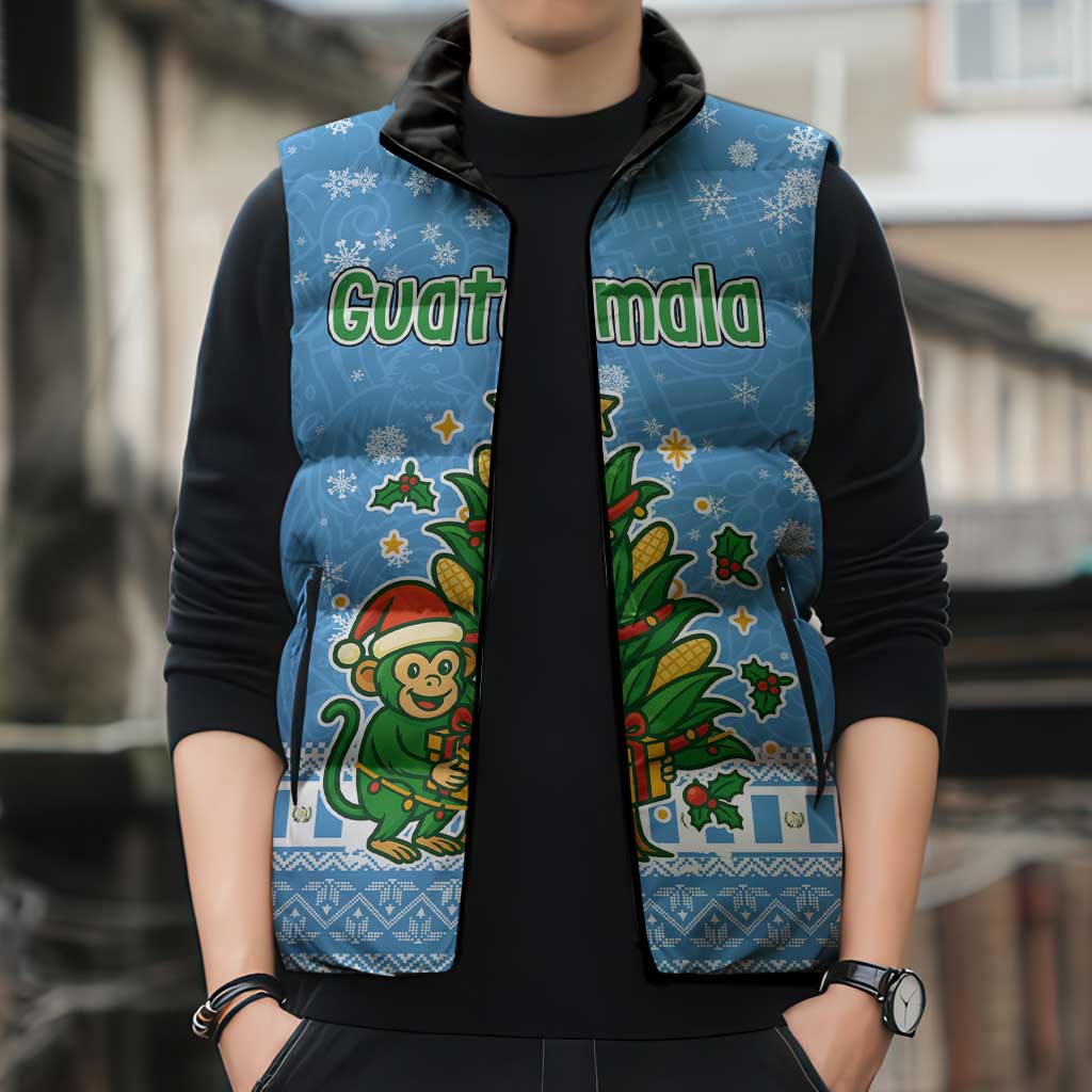 Guatemala Christmas Sleeveless Puffer Jacket with Blue Christmas Monkey Tree Snowman and Snowflake - Wonder Print Shop