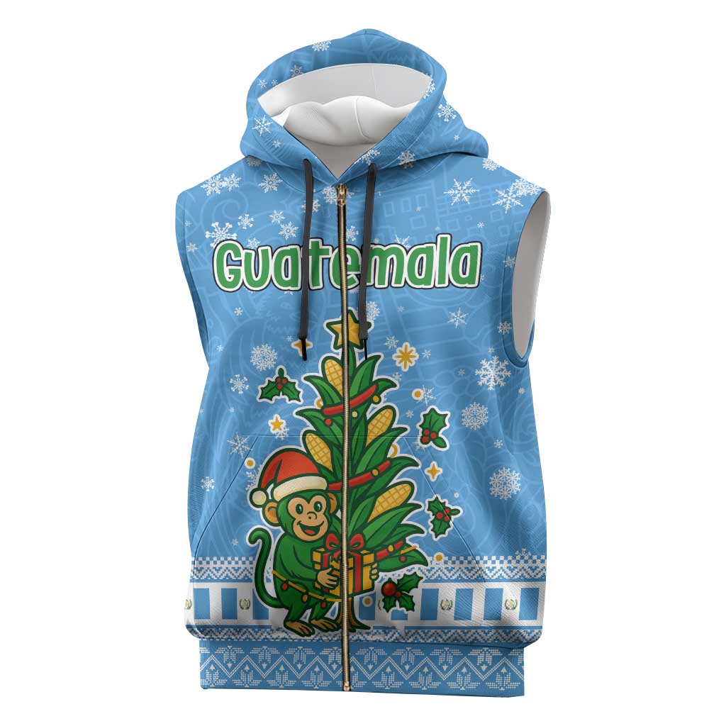 Guatemala Christmas Sleeveless Zip Hoodie with Blue Christmas Monkey Tree Snowman and Snowflake - Wonder Print Shop