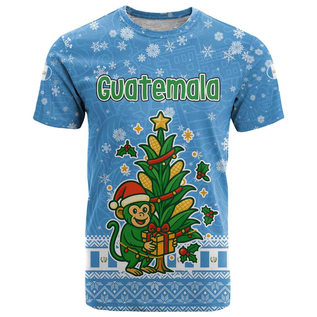 Guatemala Christmas T Shirt with Blue Christmas Monkey Tree Snowman and Snowflake - Wonder Print Shop