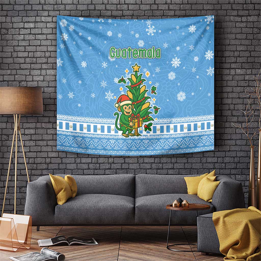 Guatemala Christmas Tapestry with Blue Christmas Monkey Tree Snowman and Snowflake - Wonder Print Shop