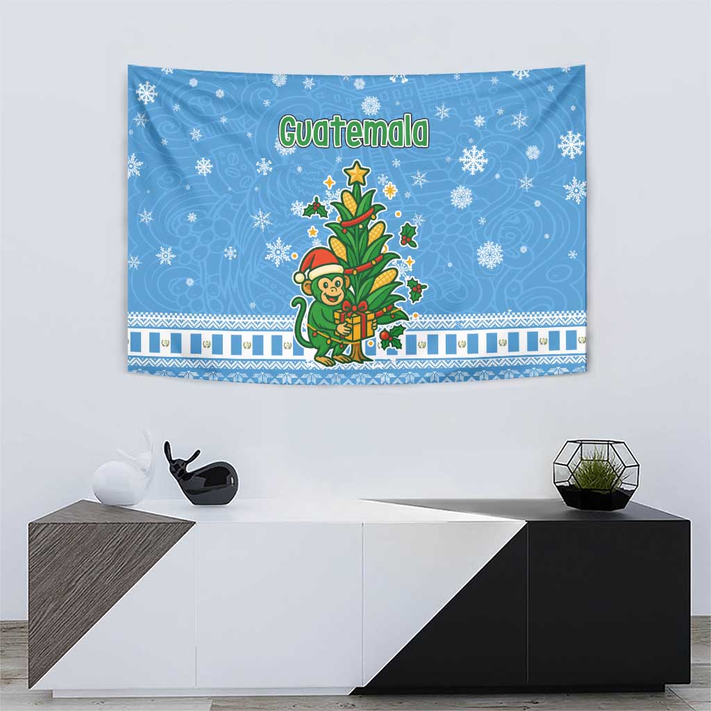 Guatemala Christmas Tapestry with Blue Christmas Monkey Tree Snowman and Snowflake - Wonder Print Shop