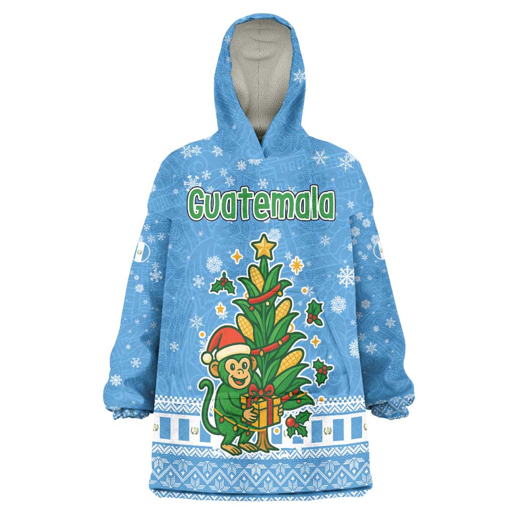 Guatemala Christmas Wearable Blanket Hoodie with Blue Christmas Monkey Tree Snowman and Snowflake - Wonder Print Shop