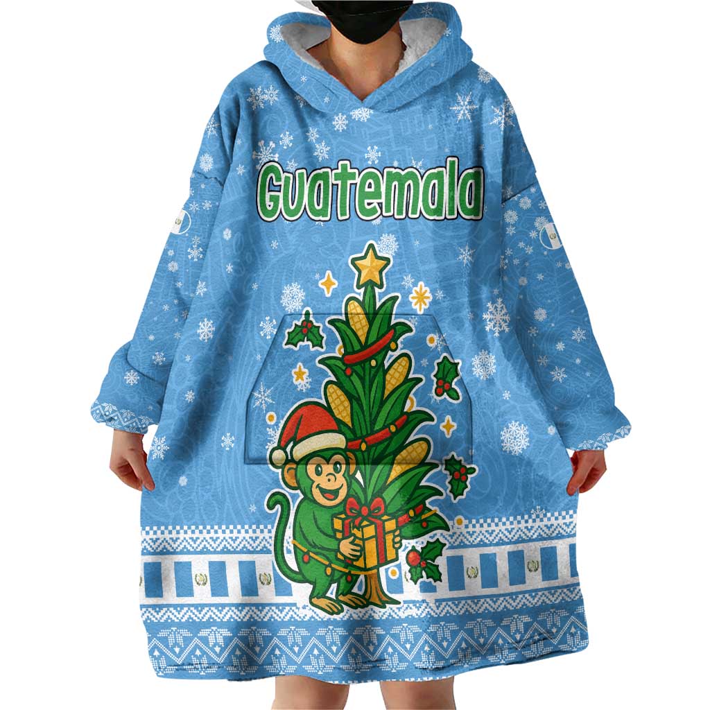 Guatemala Christmas Wearable Blanket Hoodie with Blue Christmas Monkey Tree Snowman and Snowflake - Wonder Print Shop