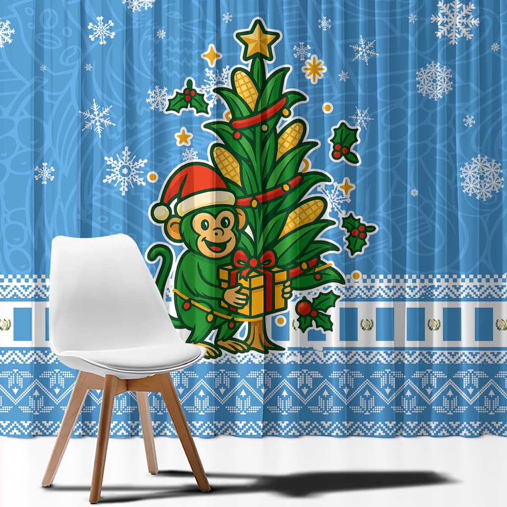 Guatemala Christmas Window Curtain with Blue Christmas Monkey Tree Snowman and Snowflake - Wonder Print Shop