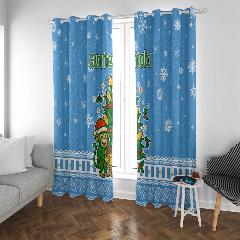 Guatemala Christmas Window Curtain with Blue Christmas Monkey Tree Snowman and Snowflake - Wonder Print Shop