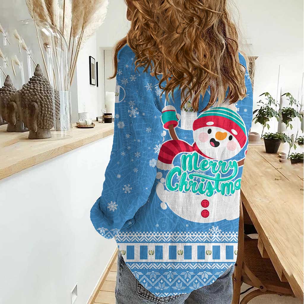 Guatemala Christmas Women Casual Shirt with Blue Christmas Monkey Tree Snowman and Snowflake - Wonder Print Shop
