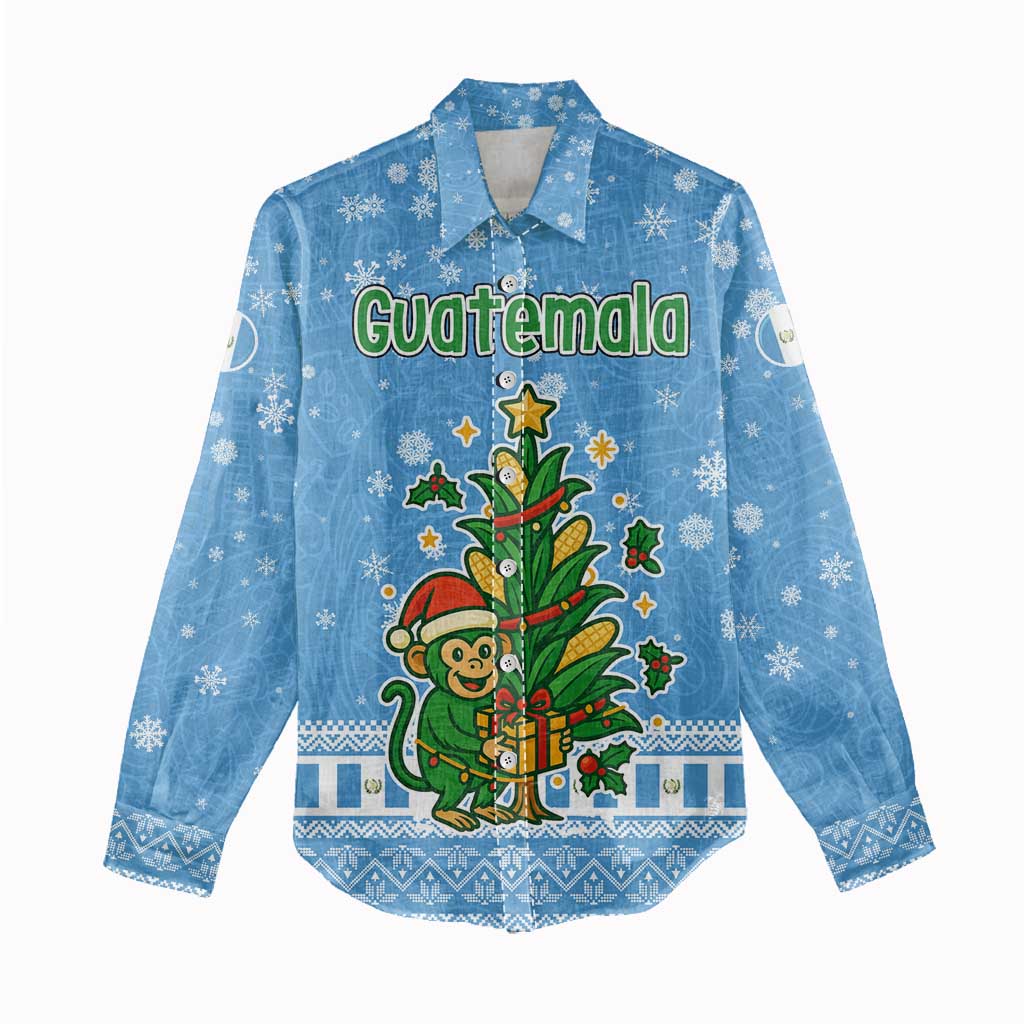 Guatemala Christmas Women Casual Shirt with Blue Christmas Monkey Tree Snowman and Snowflake - Wonder Print Shop