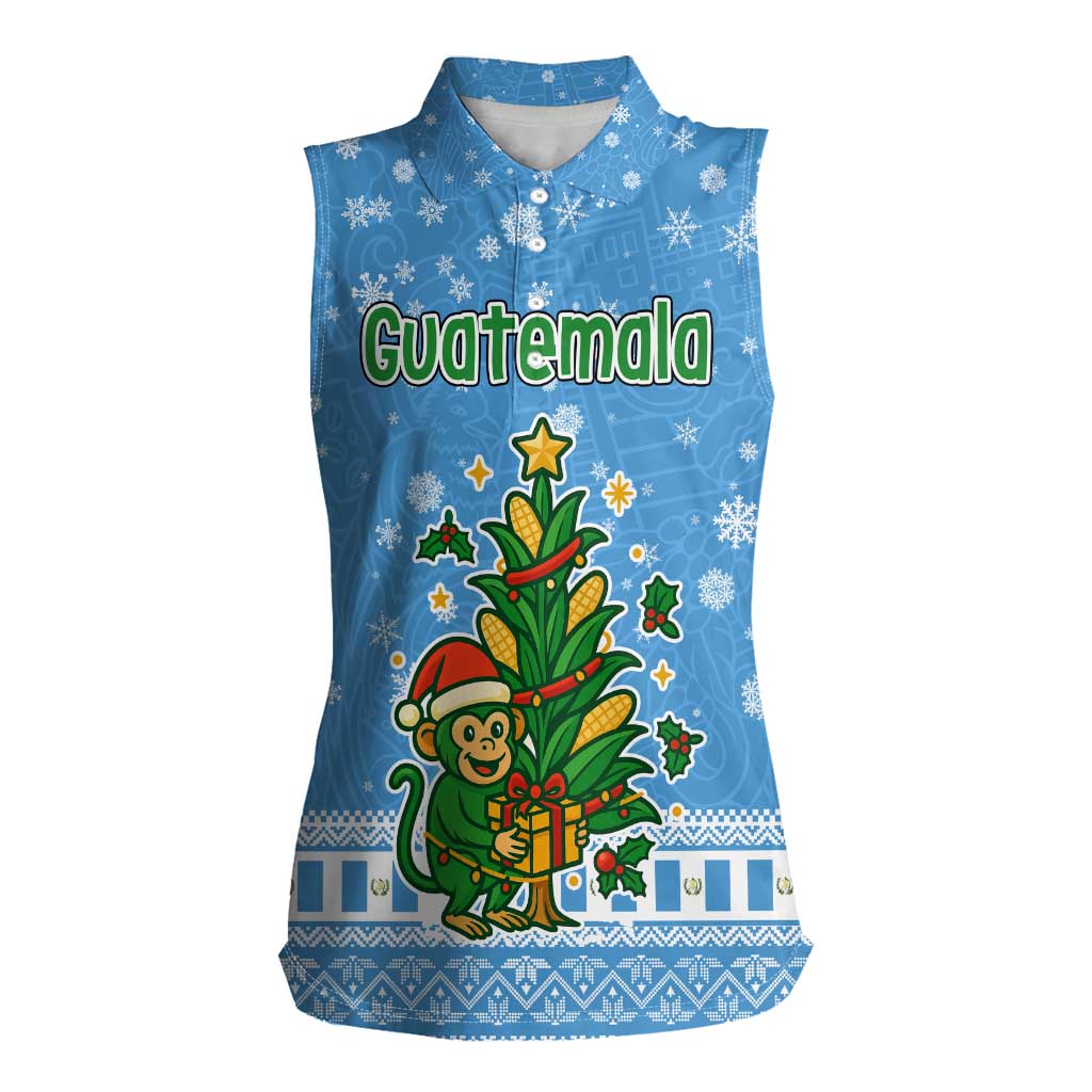 Guatemala Christmas Women Sleeveless Polo Shirt with Blue Christmas Monkey Tree Snowman and Snowflake - Wonder Print Shop