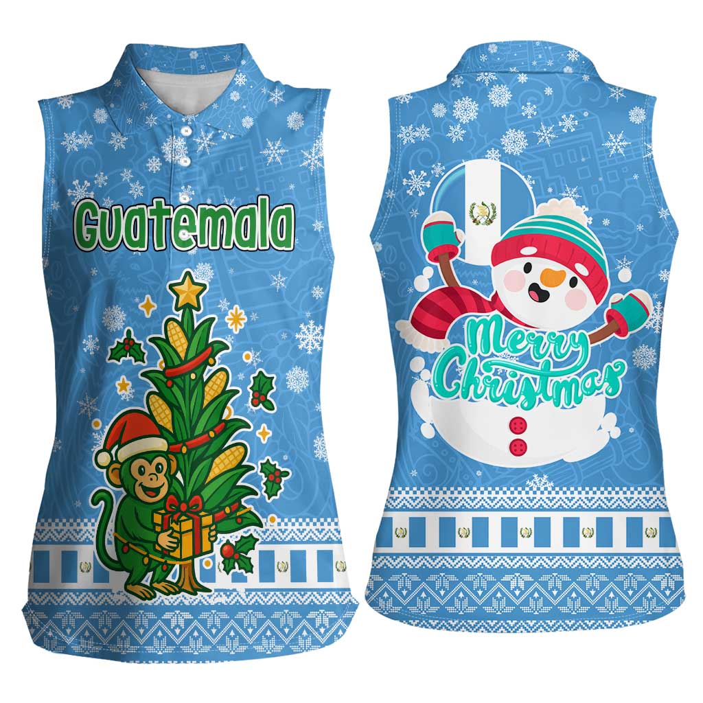 Guatemala Christmas Women Sleeveless Polo Shirt with Blue Christmas Monkey Tree Snowman and Snowflake - Wonder Print Shop