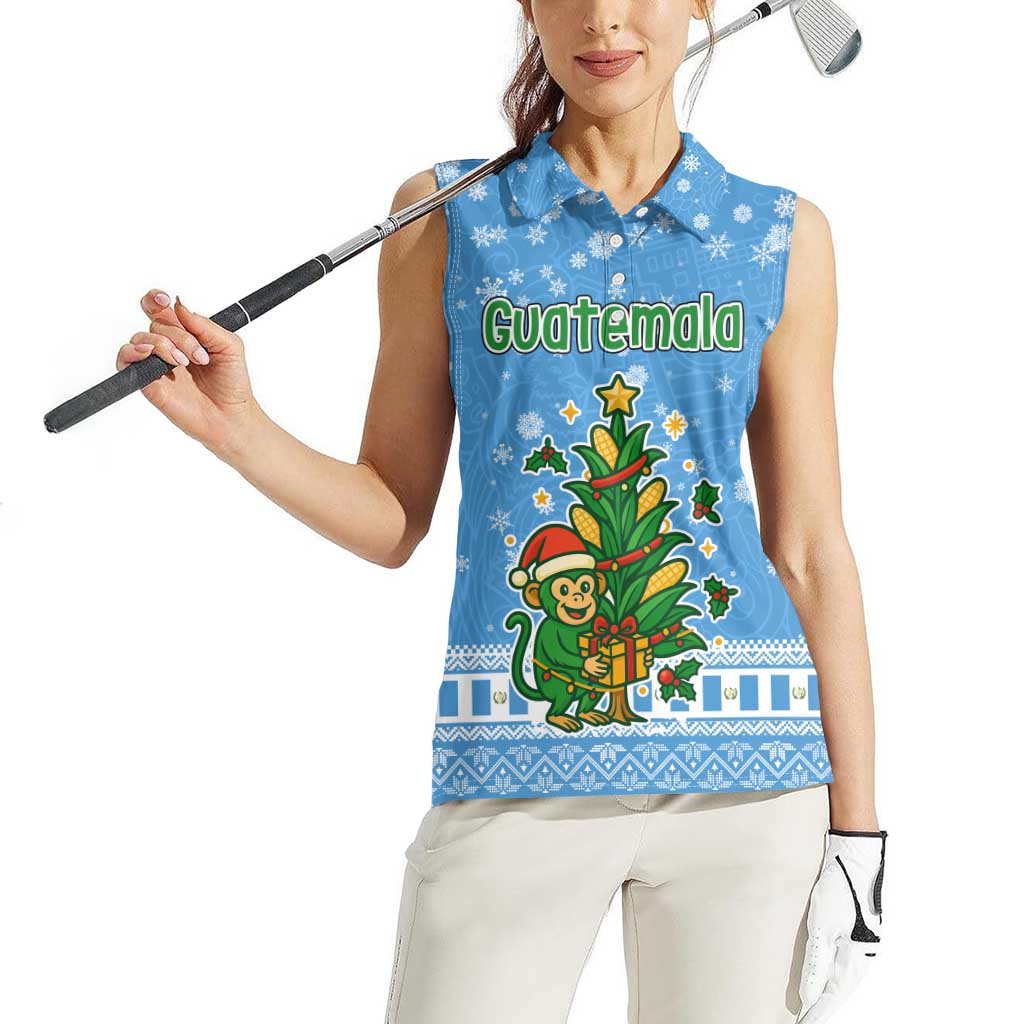 Guatemala Christmas Women Sleeveless Polo Shirt with Blue Christmas Monkey Tree Snowman and Snowflake - Wonder Print Shop