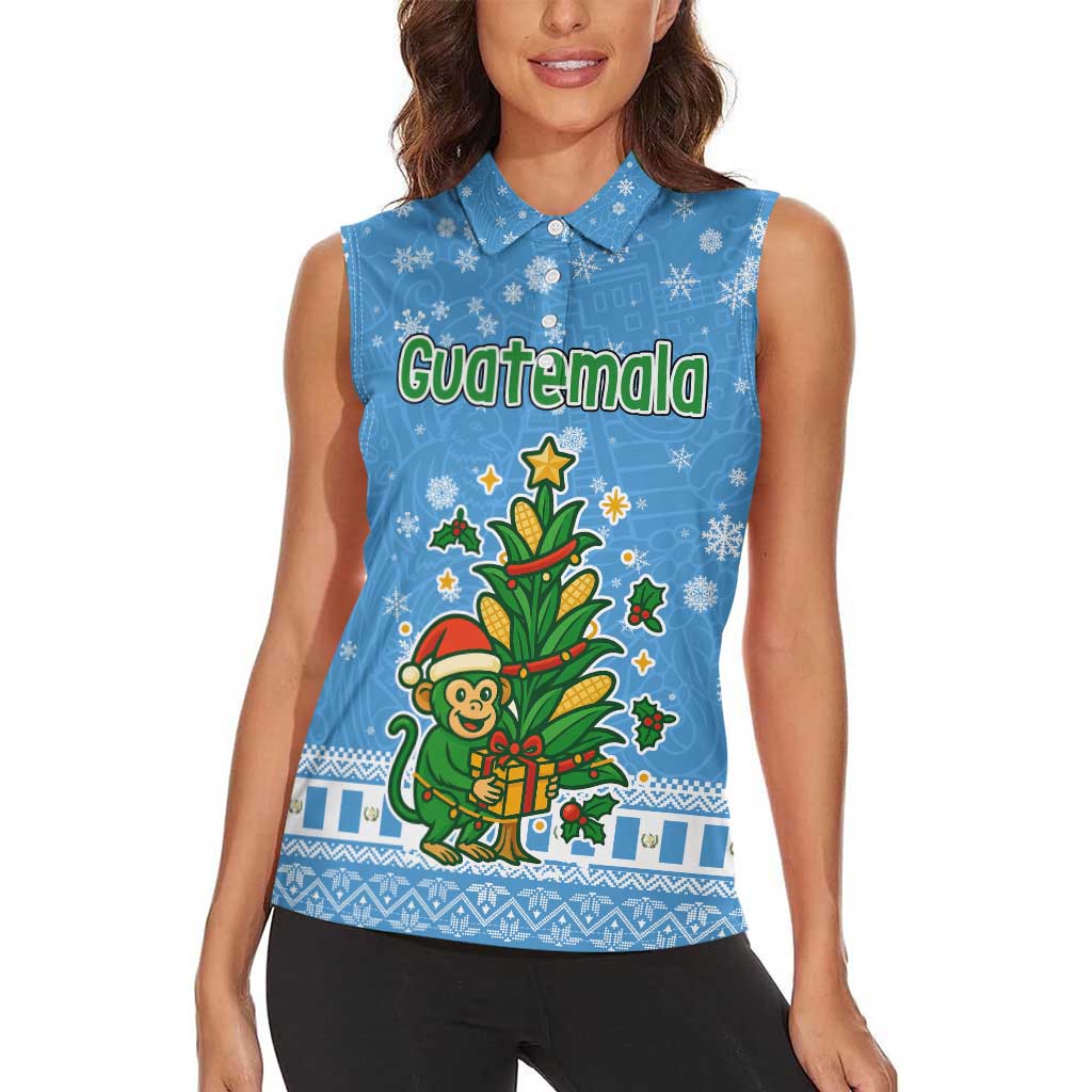 Guatemala Christmas Women Sleeveless Polo Shirt with Blue Christmas Monkey Tree Snowman and Snowflake - Wonder Print Shop