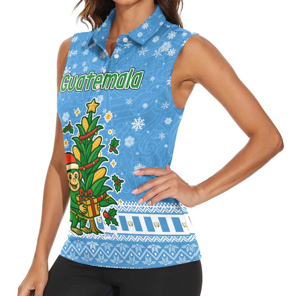 Guatemala Christmas Women Sleeveless Polo Shirt with Blue Christmas Monkey Tree Snowman and Snowflake - Wonder Print Shop