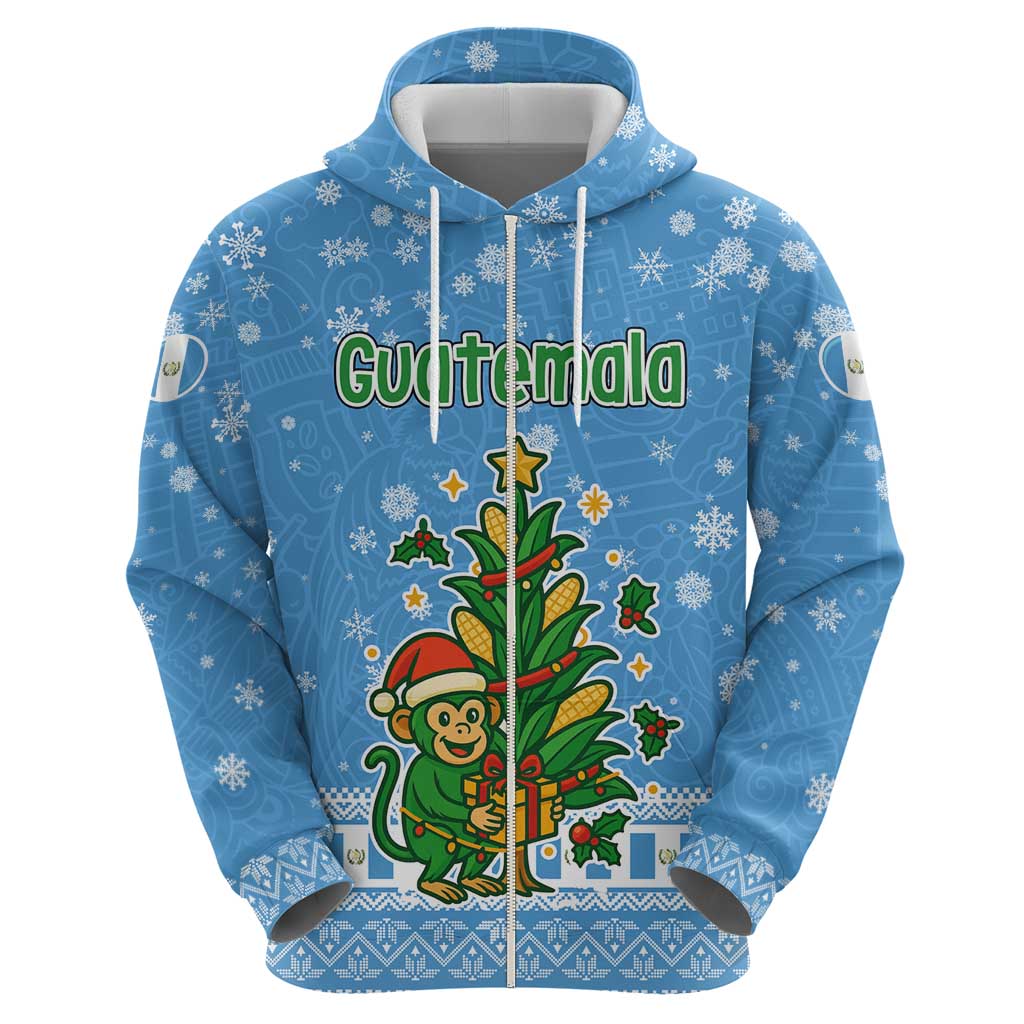 Guatemala Christmas Zip Hoodie with Blue Christmas Monkey Tree Snowman and Snowflake - Wonder Print Shop
