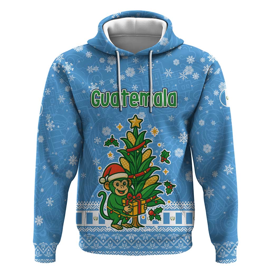 Guatemala Christmas Zip Hoodie with Blue Christmas Monkey Tree Snowman and Snowflake - Wonder Print Shop