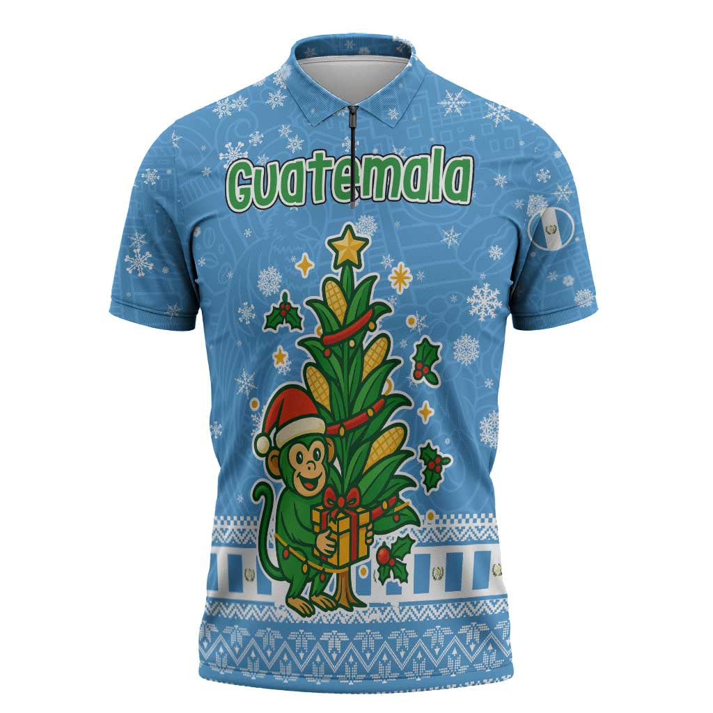 Guatemala Christmas Zipper Polo Shirt with Blue Christmas Monkey Tree Snowman and Snowflake - Wonder Print Shop