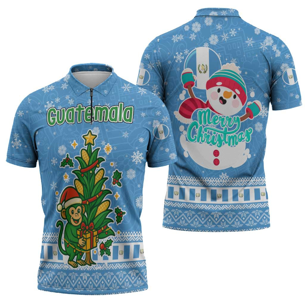 Guatemala Christmas Zipper Polo Shirt with Blue Christmas Monkey Tree Snowman and Snowflake - Wonder Print Shop