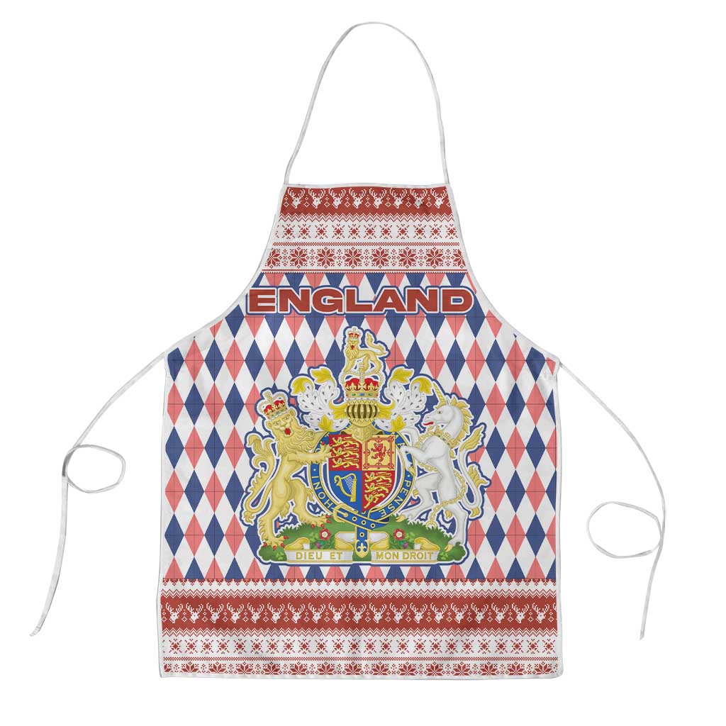 England Christmas Apron with Red Blue White Diamond Pattern Santa and Coat of Arms - Wonder Print Shop