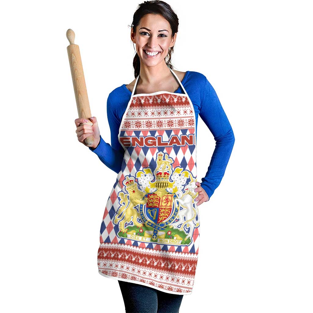 England Christmas Apron with Red Blue White Diamond Pattern Santa and Coat of Arms - Wonder Print Shop