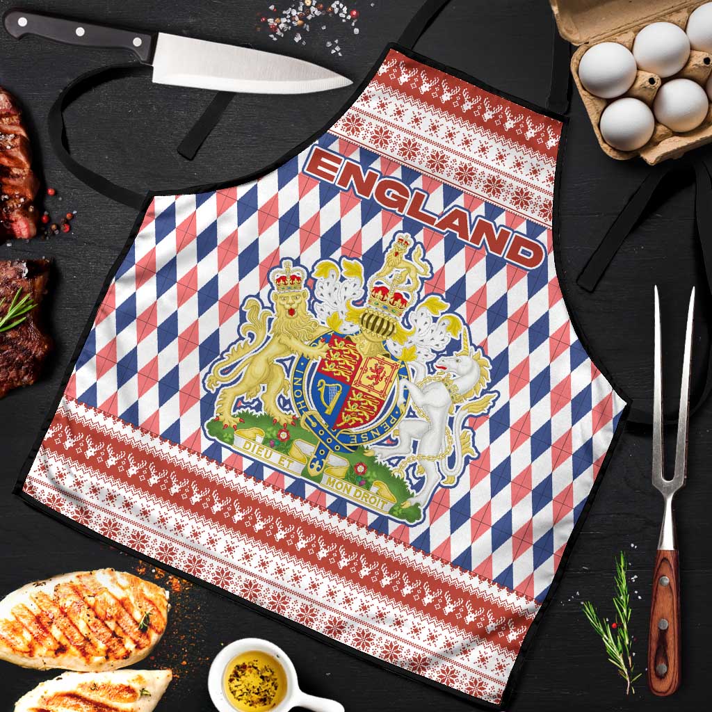 England Christmas Apron with Red Blue White Diamond Pattern Santa and Coat of Arms - Wonder Print Shop