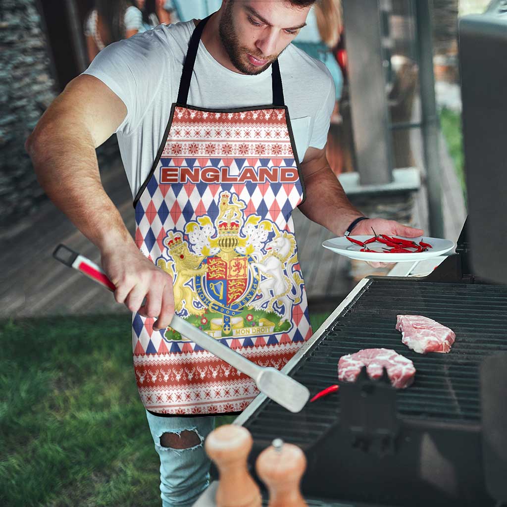 England Christmas Apron with Red Blue White Diamond Pattern Santa and Coat of Arms - Wonder Print Shop