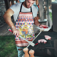 England Christmas Apron with Red Blue White Diamond Pattern Santa and Coat of Arms - Wonder Print Shop