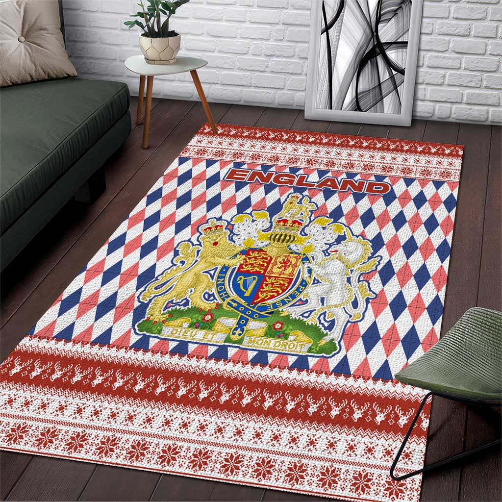 England Christmas Area Rug with Red Blue White Diamond Pattern Santa and Coat of Arms - Wonder Print Shop