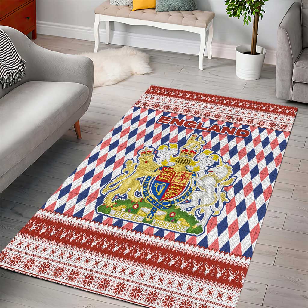 England Christmas Area Rug with Red Blue White Diamond Pattern Santa and Coat of Arms - Wonder Print Shop