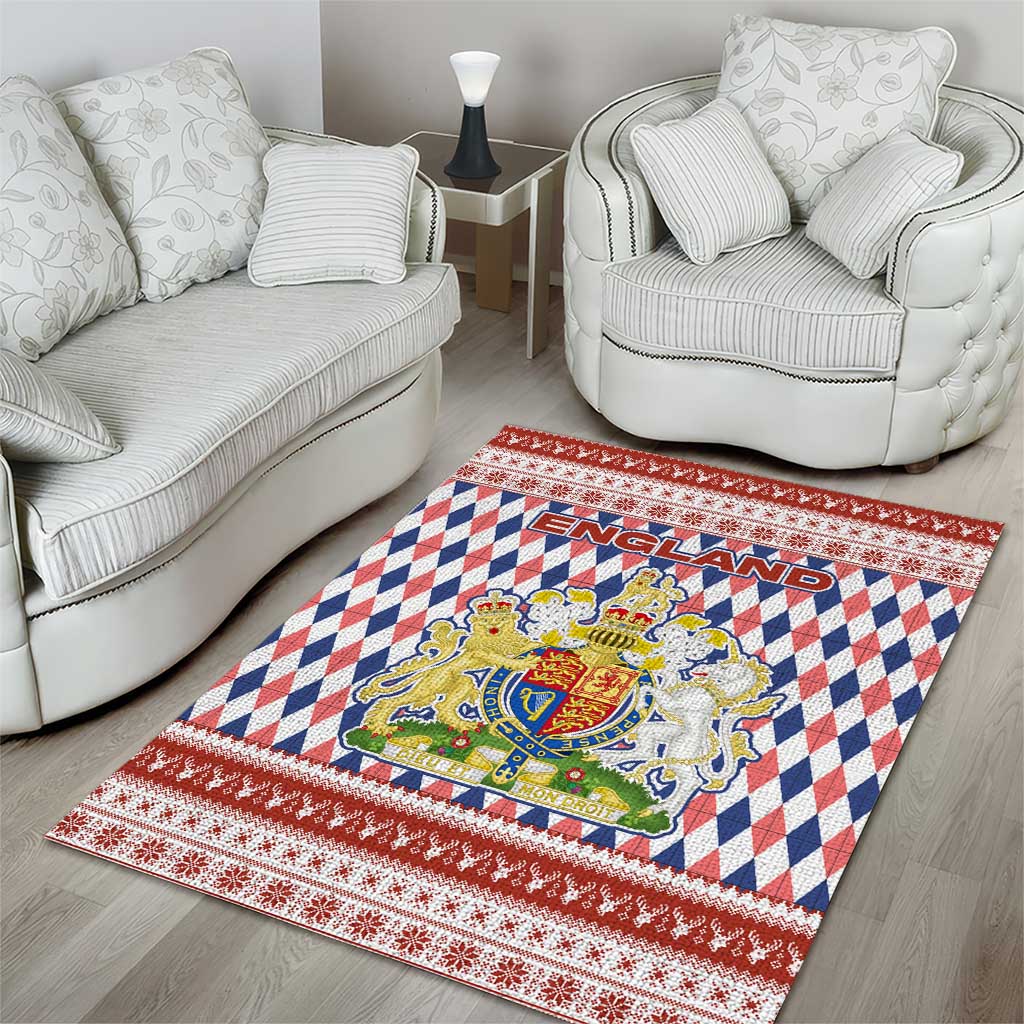 England Christmas Area Rug with Red Blue White Diamond Pattern Santa and Coat of Arms - Wonder Print Shop