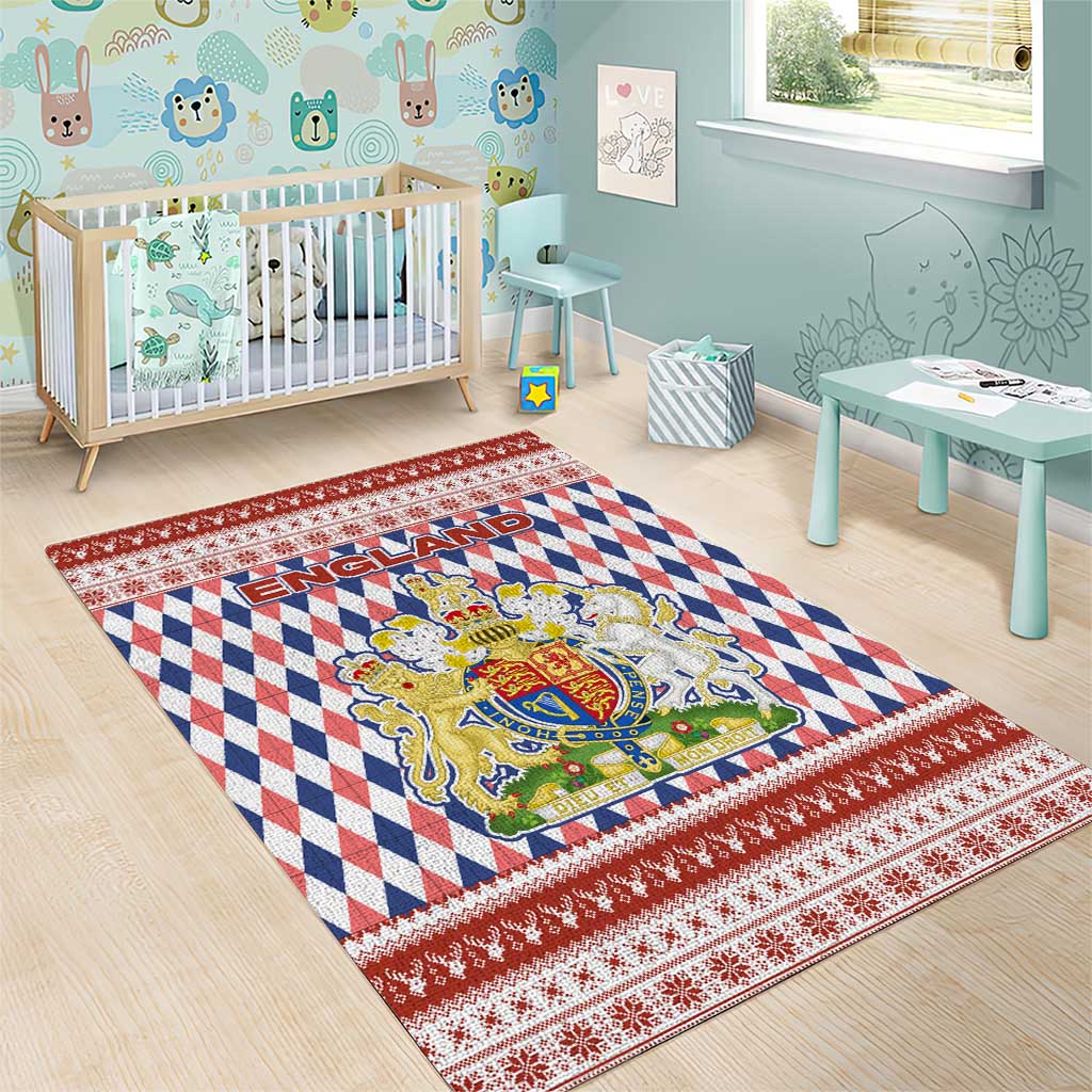 England Christmas Area Rug with Red Blue White Diamond Pattern Santa and Coat of Arms - Wonder Print Shop