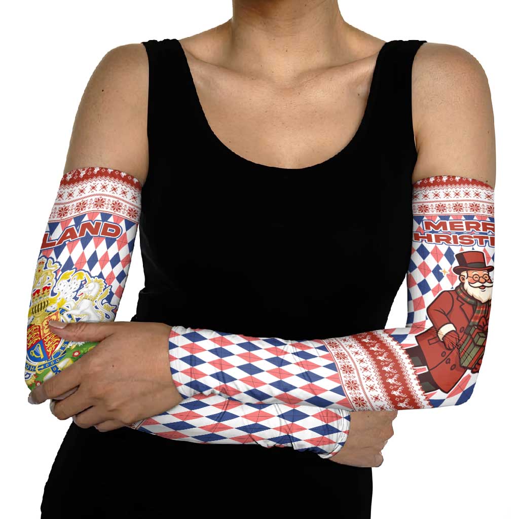 England Christmas Arm Sleeves with Red Blue White Diamond Pattern Santa and Coat of Arms - Wonder Print Shop