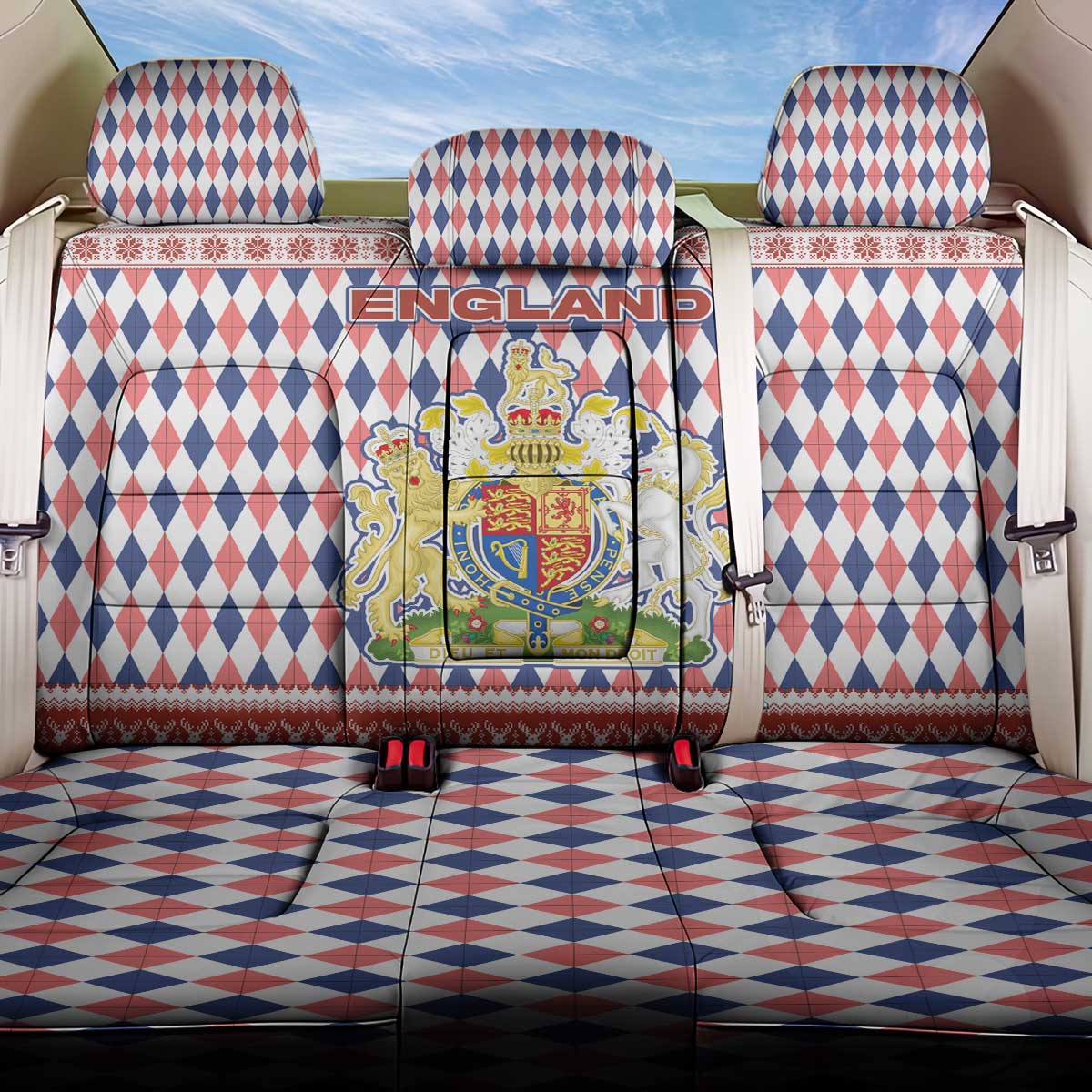 England Christmas Back Car Seat Cover with Red Blue White Diamond Pattern Santa and Coat of Arms - Wonder Print Shop