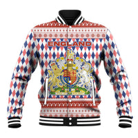 England Christmas Baseball Jacket with Red Blue White Diamond Pattern Santa and Coat of Arms - Wonder Print Shop