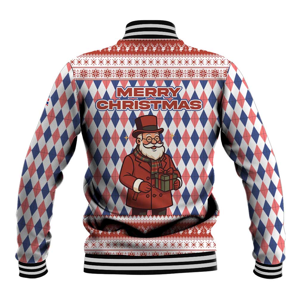 England Christmas Baseball Jacket with Red Blue White Diamond Pattern Santa and Coat of Arms - Wonder Print Shop