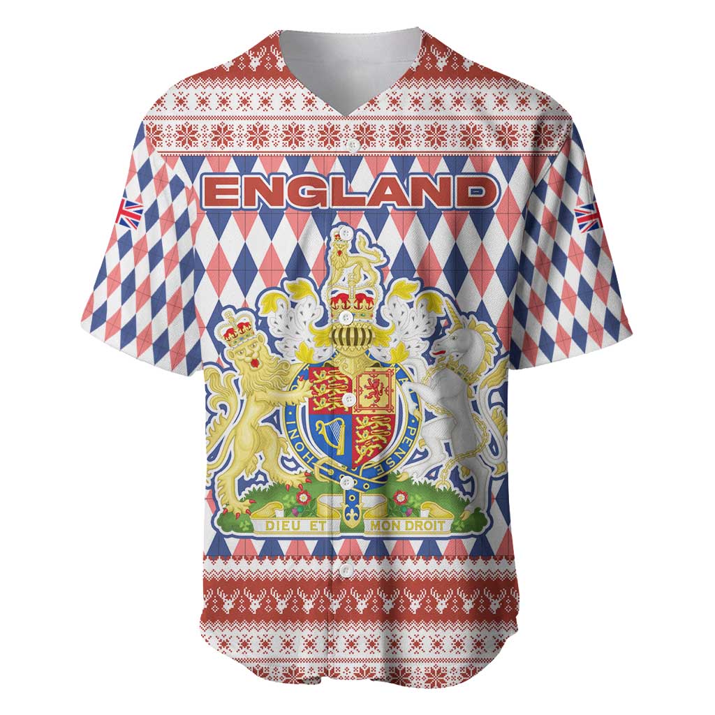 England Christmas Baseball Jersey with Red Blue White Diamond Pattern Santa and Coat of Arms - Wonder Print Shop