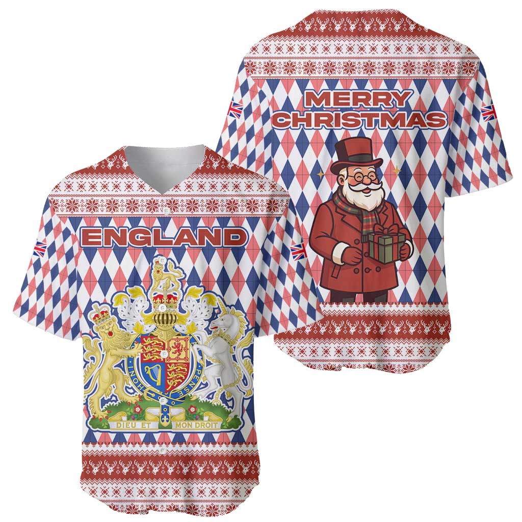 England Christmas Baseball Jersey with Red Blue White Diamond Pattern Santa and Coat of Arms - Wonder Print Shop