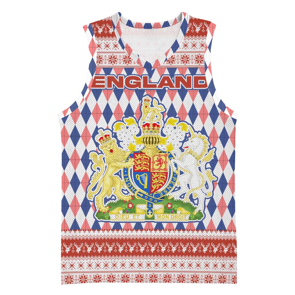 England Christmas Basketball Jersey with Red Blue White Diamond Pattern Santa and Coat of Arms - Wonder Print Shop