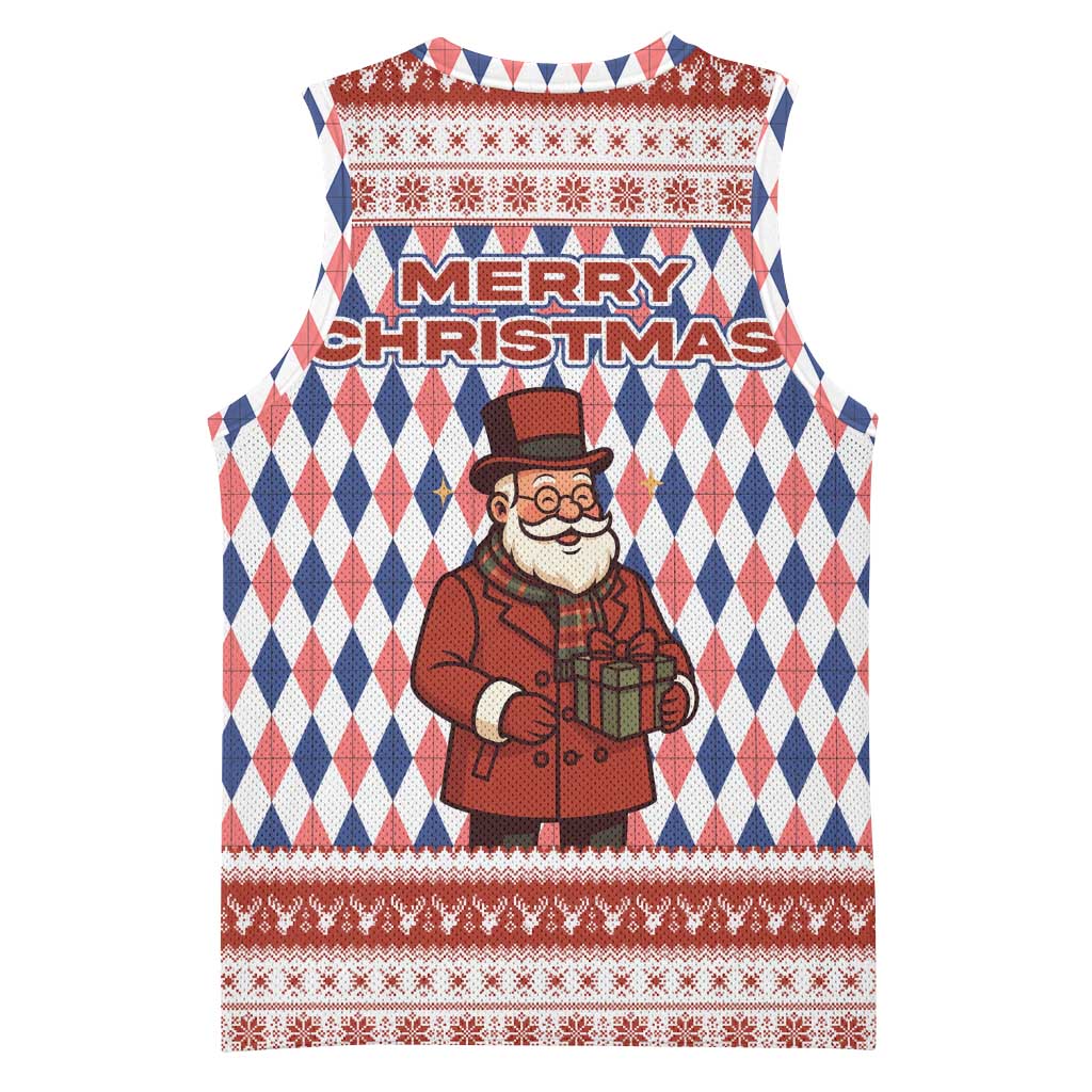 England Christmas Basketball Jersey with Red Blue White Diamond Pattern Santa and Coat of Arms - Wonder Print Shop