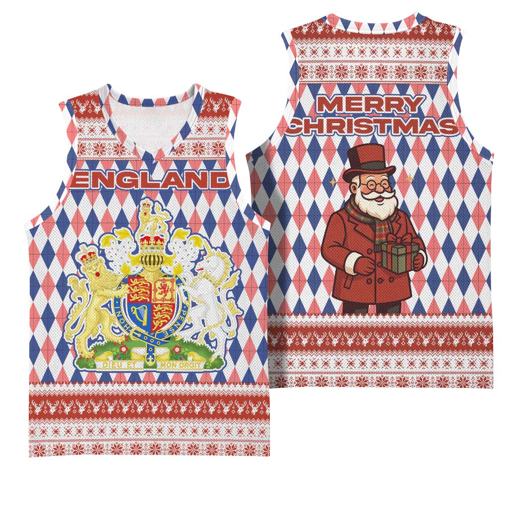 England Christmas Basketball Jersey with Red Blue White Diamond Pattern Santa and Coat of Arms - Wonder Print Shop
