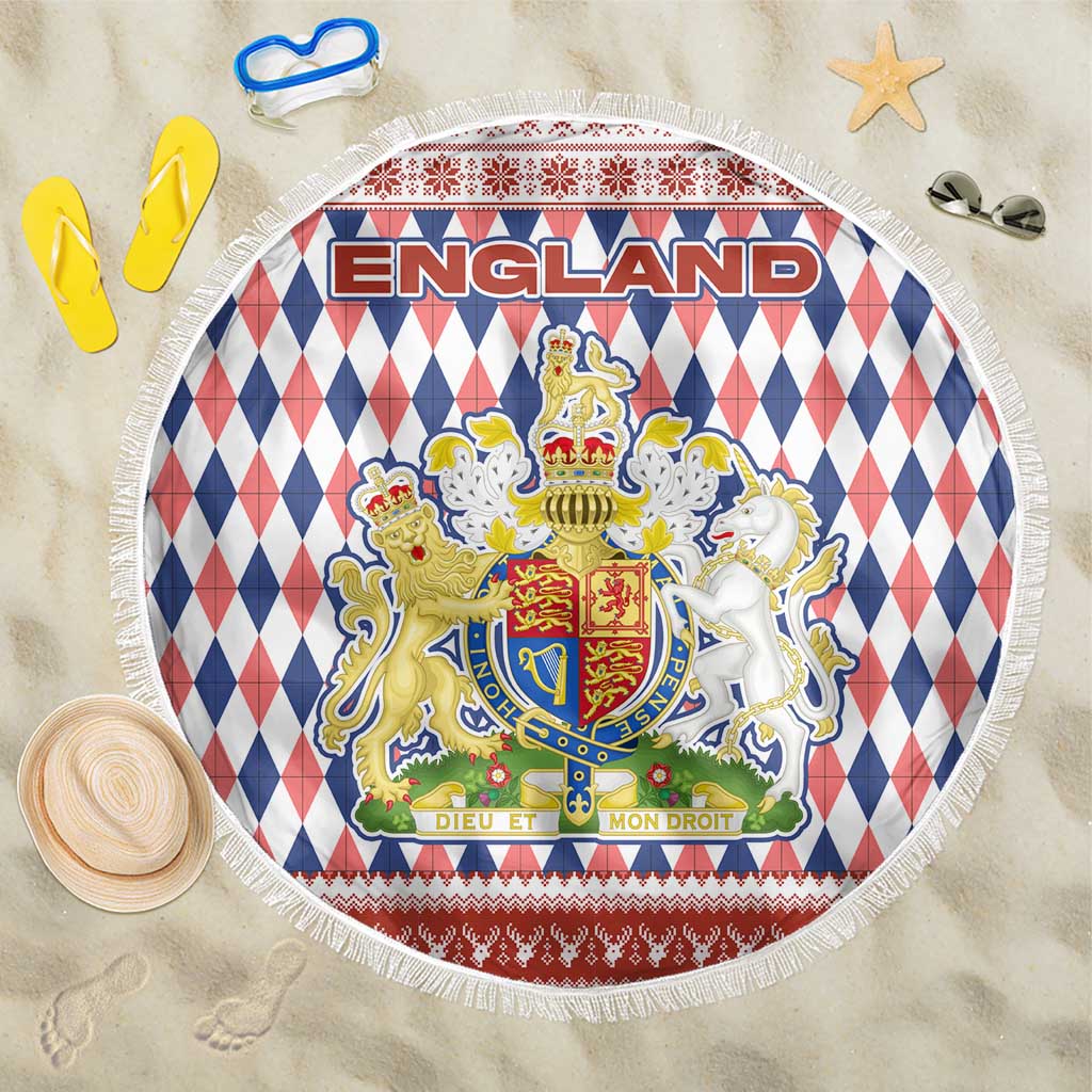 England Christmas Beach Blanket with Red Blue White Diamond Pattern Santa and Coat of Arms - Wonder Print Shop