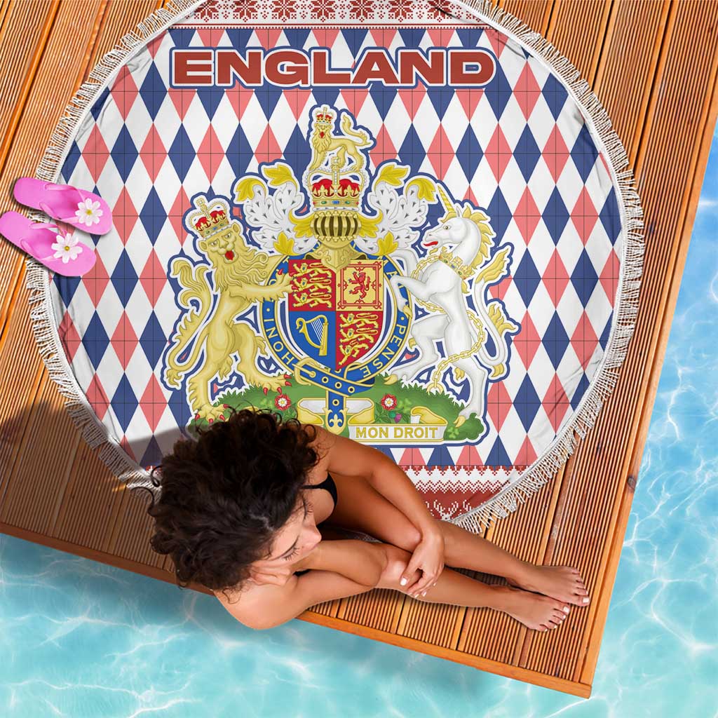 England Christmas Beach Blanket with Red Blue White Diamond Pattern Santa and Coat of Arms - Wonder Print Shop