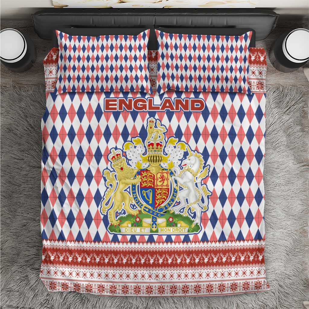 England Christmas Bedding Set with Red Blue White Diamond Pattern Santa and Coat of Arms - Wonder Print Shop