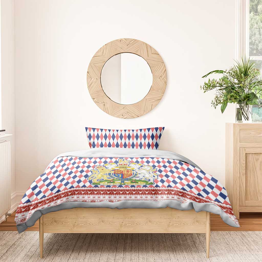 England Christmas Bedding Set with Red Blue White Diamond Pattern Santa and Coat of Arms - Wonder Print Shop