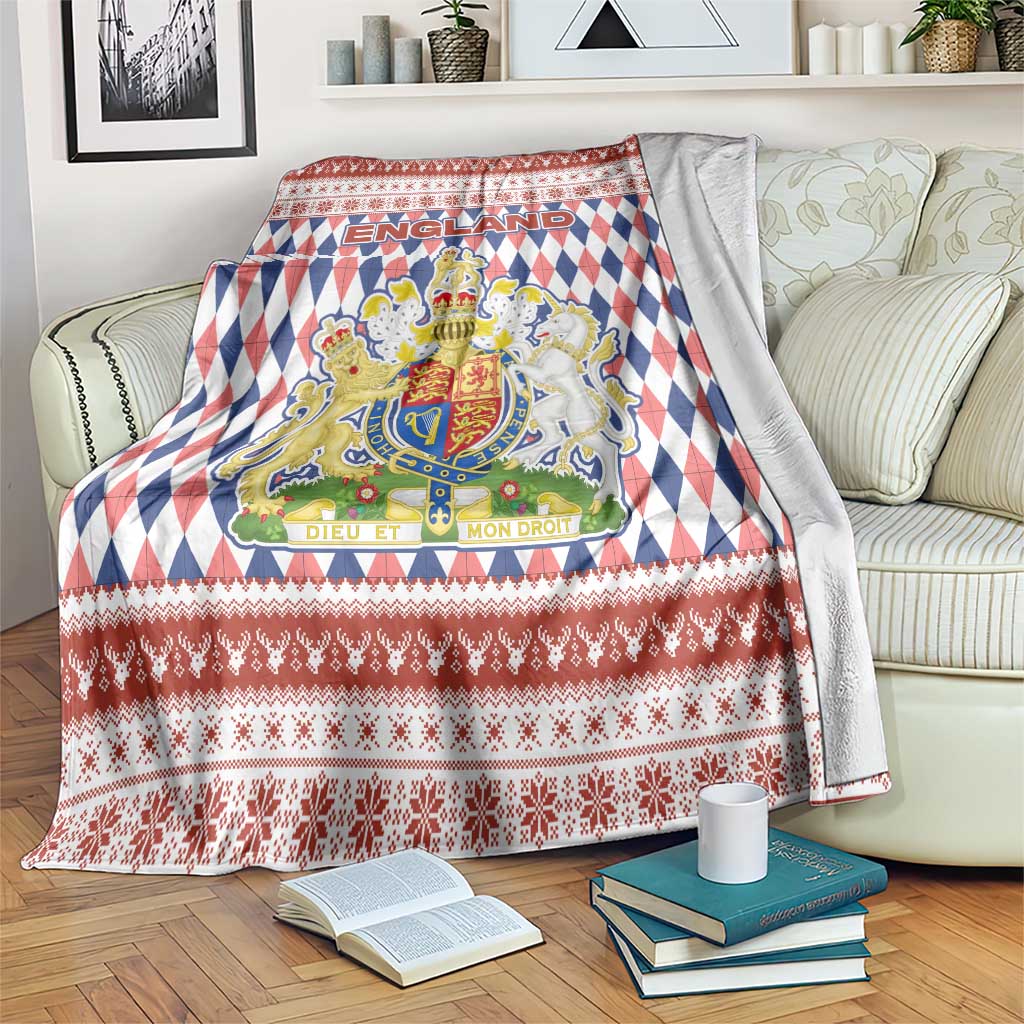 England Christmas Blanket with Red Blue White Diamond Pattern Santa and Coat of Arms - Wonder Print Shop