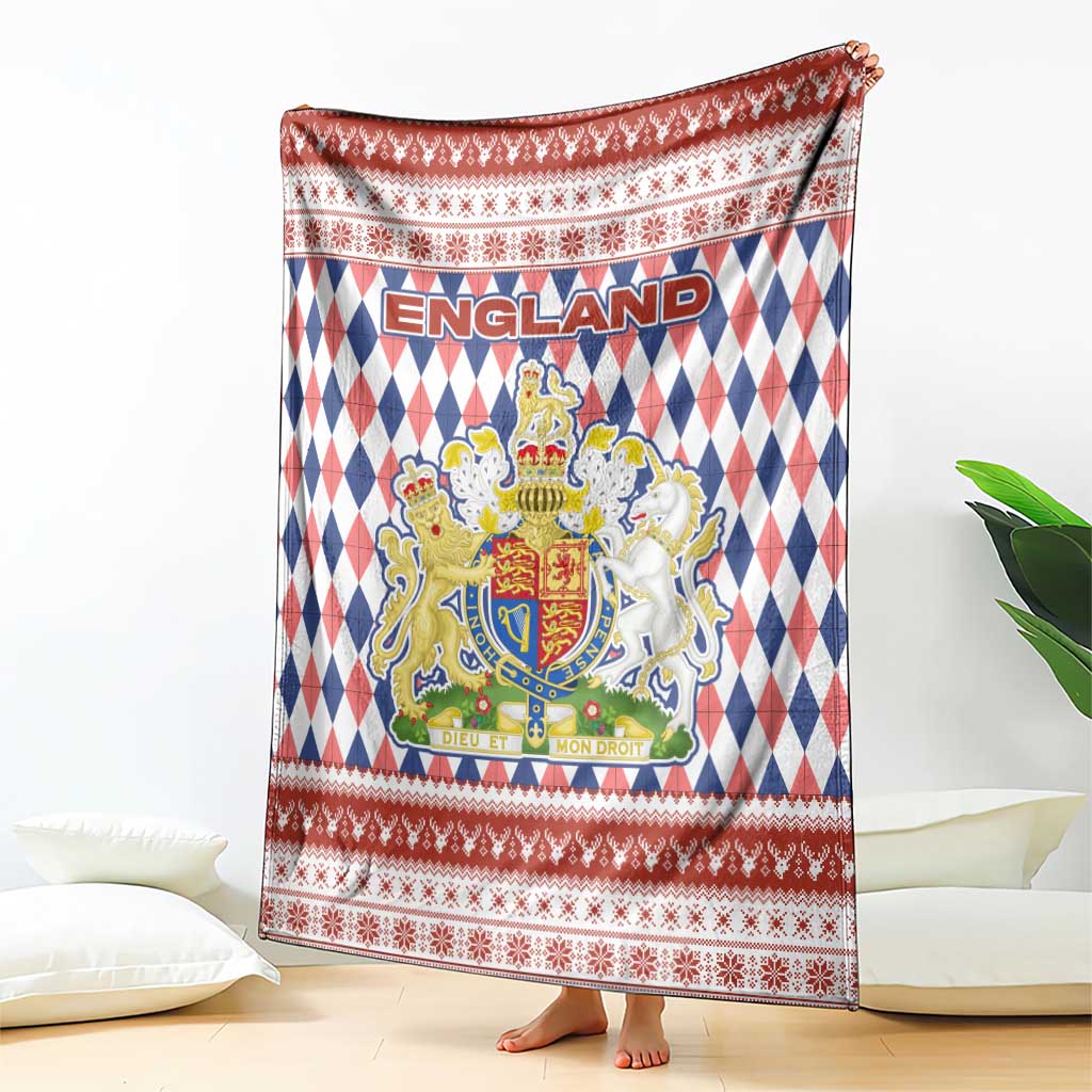 England Christmas Blanket with Red Blue White Diamond Pattern Santa and Coat of Arms - Wonder Print Shop